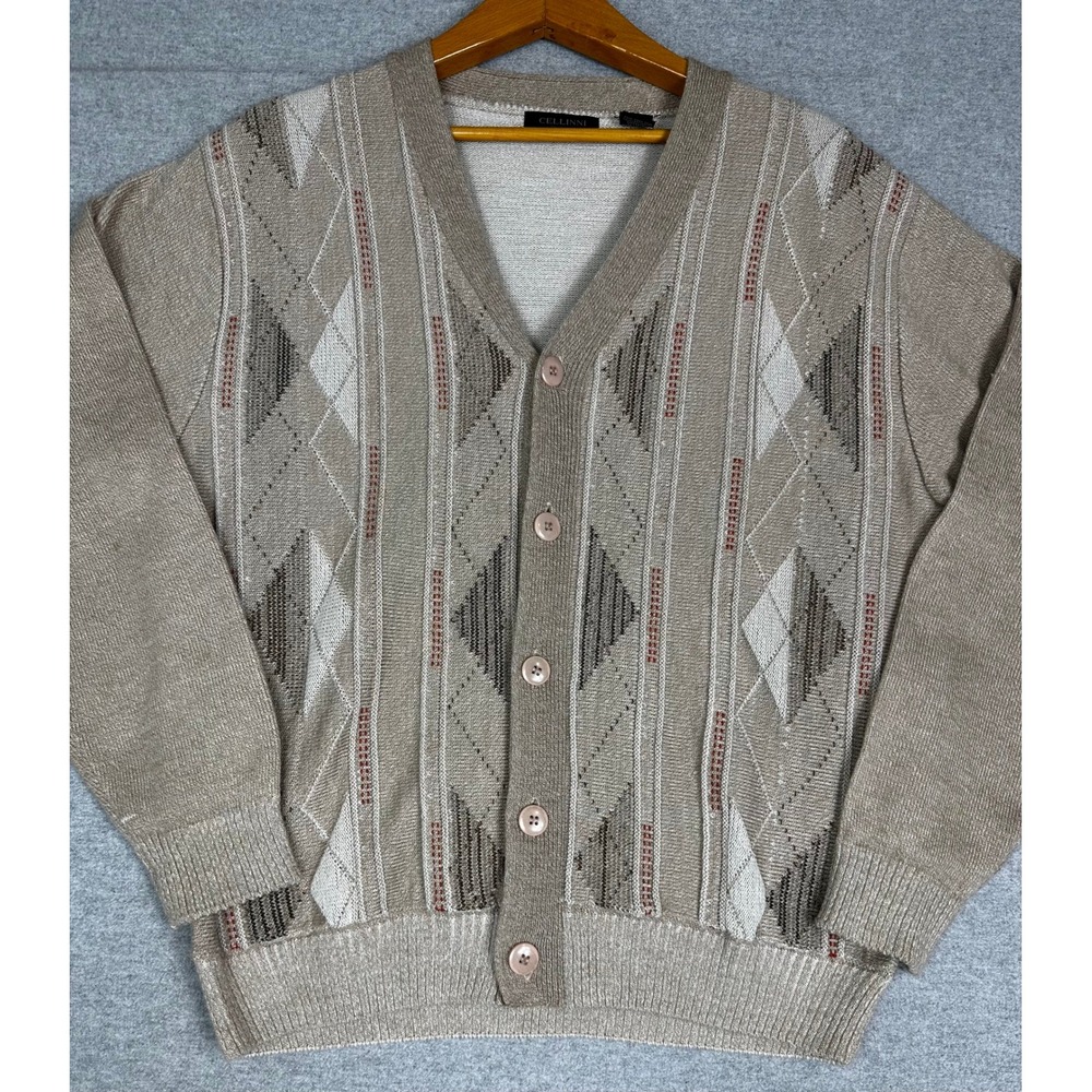 Vintage 80s 90s Argyle Cardigan Sweater Med Tan Wool Blend Cellinni Collection